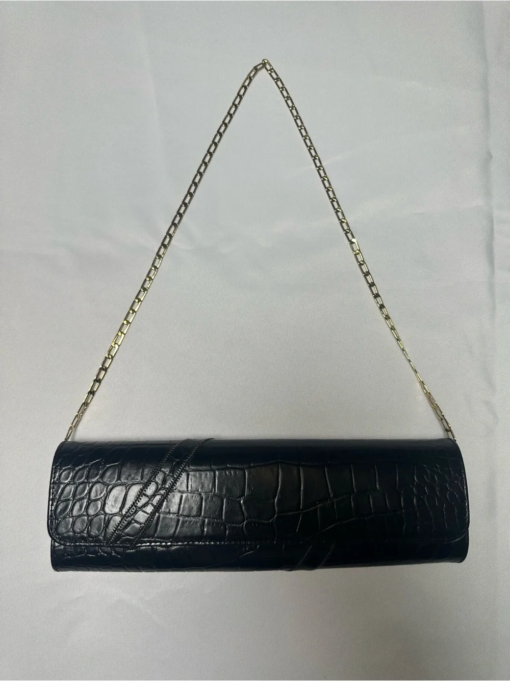 Carlos Falchi Black Croc-Embossed Fatto a Mano Clutch with Gold Chain